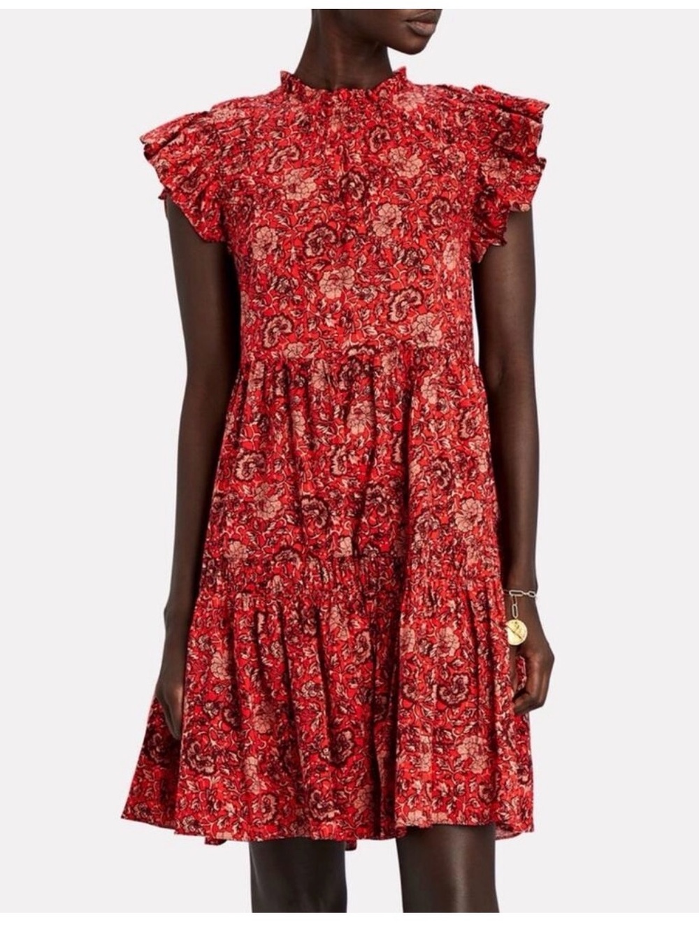 $395 ULLA JOHNSON Red Poppy Floral HANA Ruffle Tiered Cotton Flowy Sun Dress 4 S